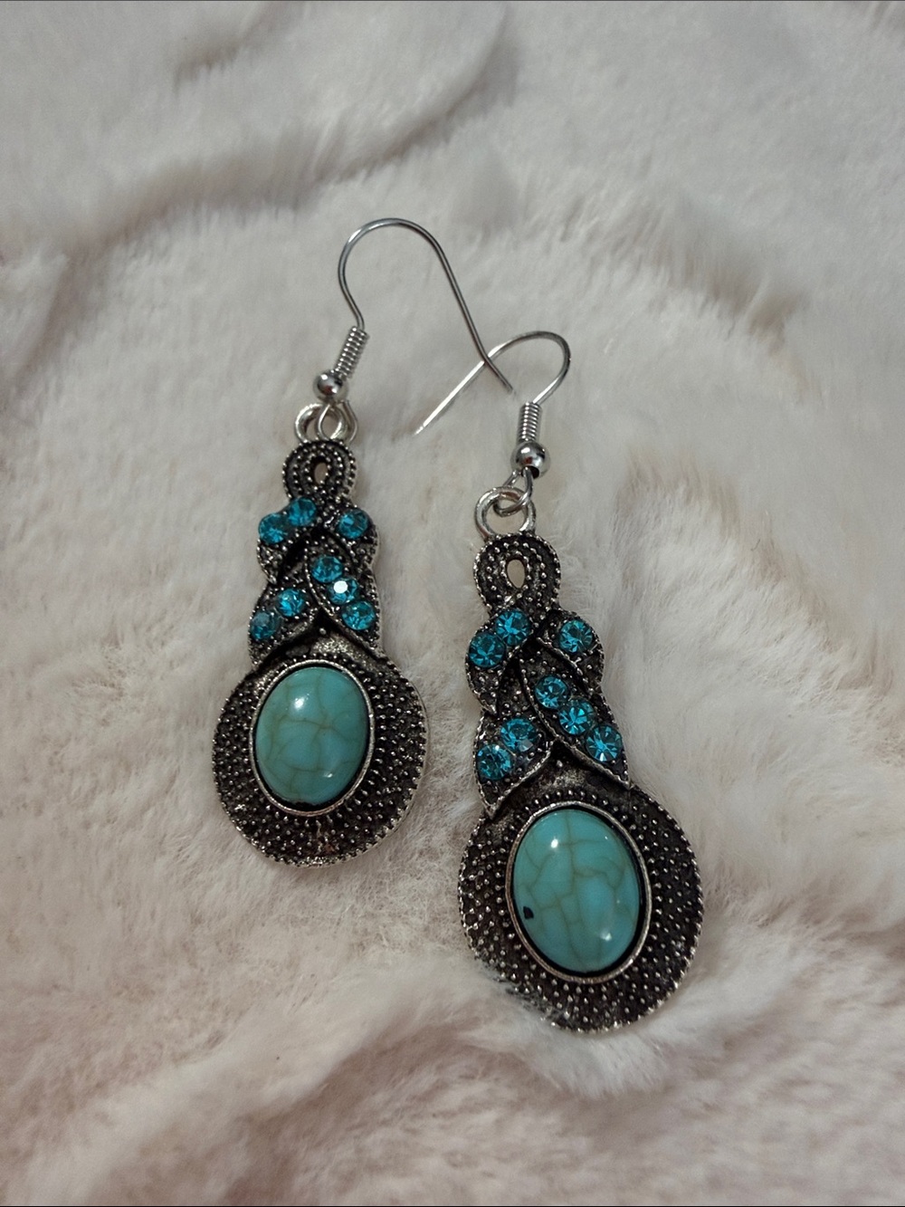 Turquoise Drop Earrings with Blue Crystal Accent - Women Jewelry